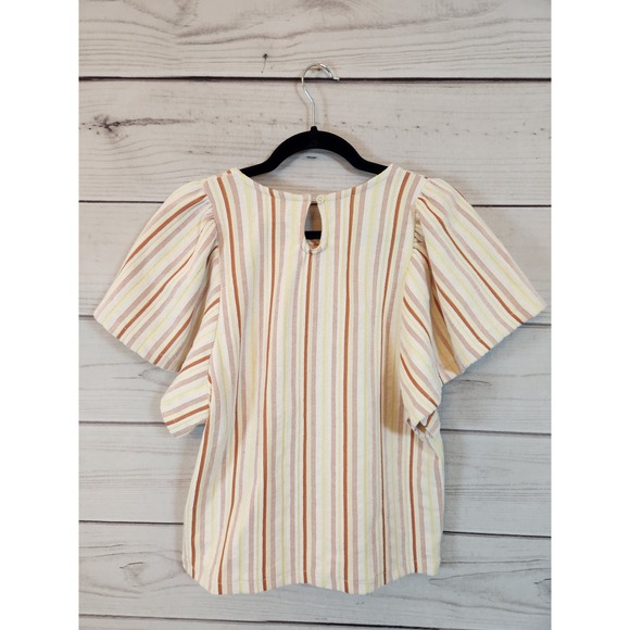 Madewell Women's Multicolor Striped Crew Neck‎ Flutter Sleeve Crop Blouse Medium - Picture 2 of 6